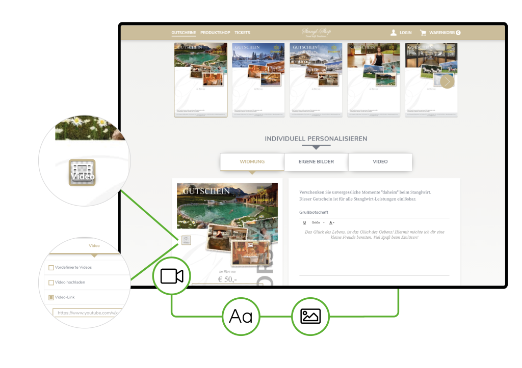 Desktop-Ansicht eines personalisierten Gutscheins des Biohotels Stanglwirt – zeigt, wie eigene Fotos und Videos direkt beim Gutschein-Kauf integriert werden können.