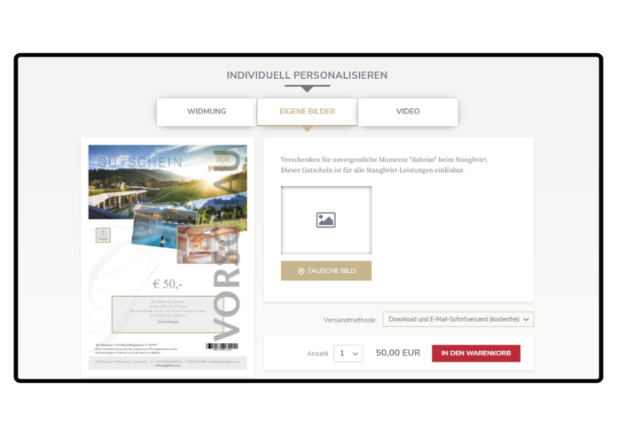 Screenshot des Stanglwirt-Gutscheinshops mit aktivem Reiter „Eigene Bilder“ – zeigt, wie Kund:innen ihr persönliches Foto direkt am Gutschein hinzufügen können.