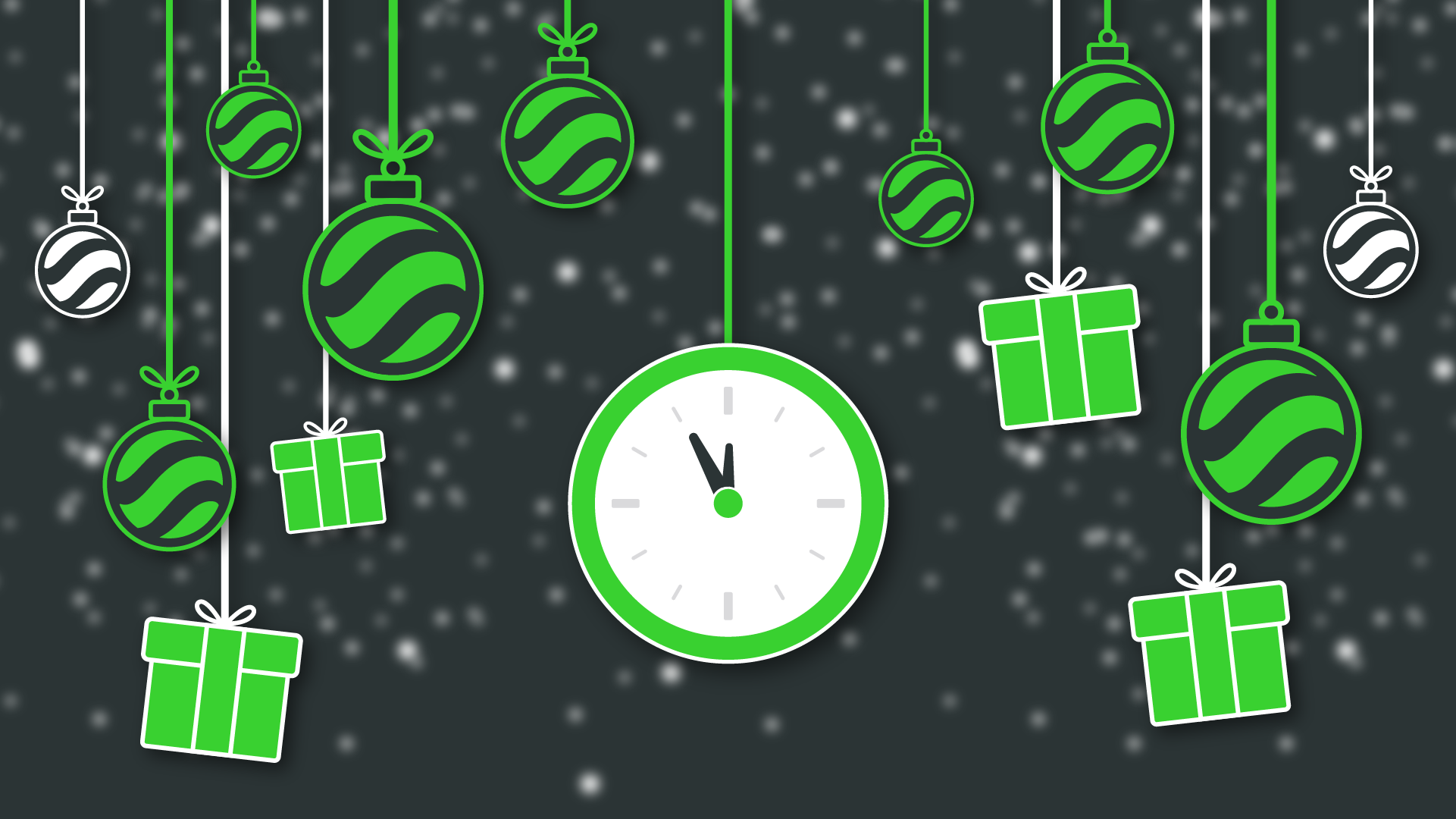 weihnachtliche Grafik mit Geschenken, incert Logo und Uhren