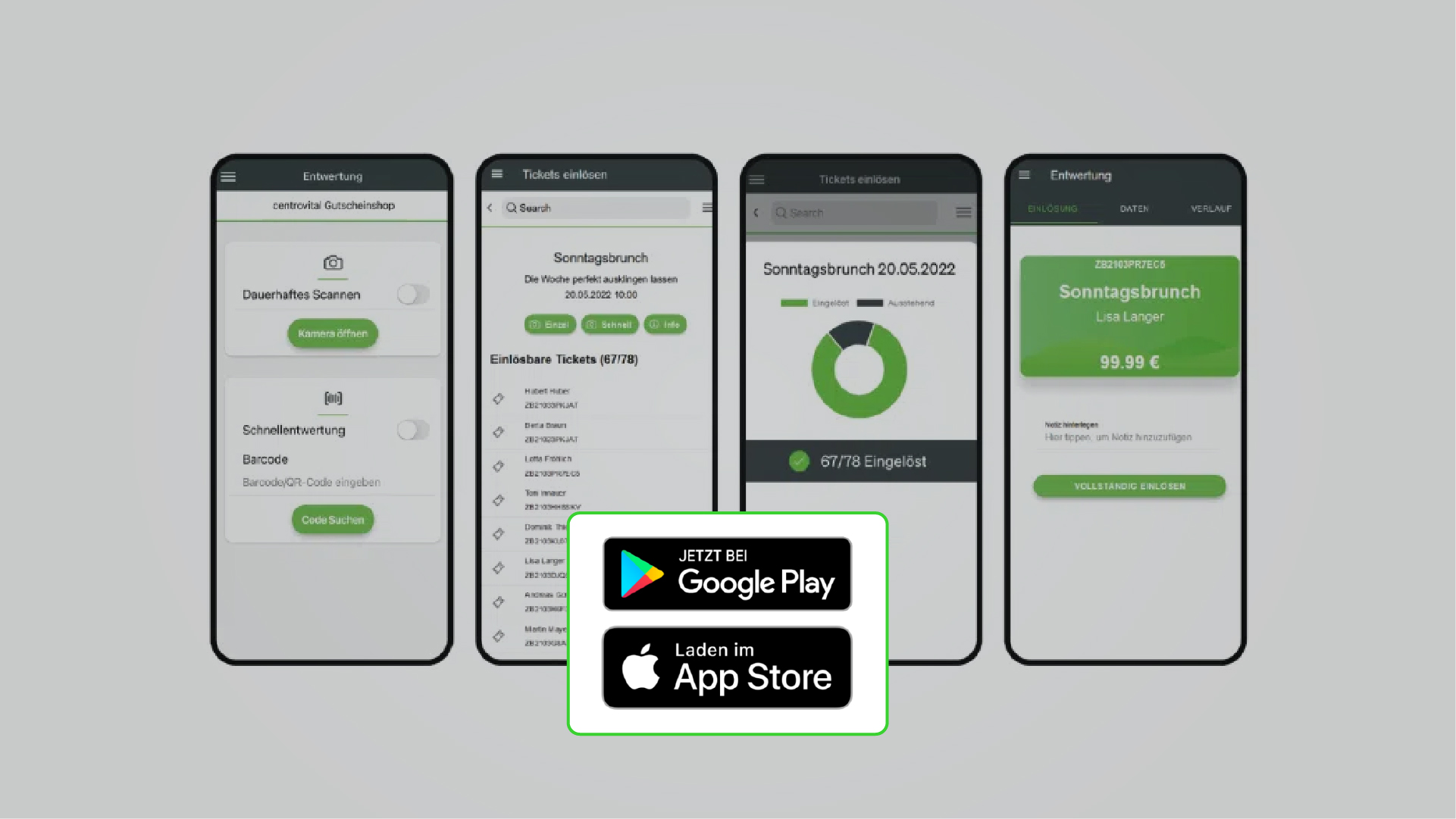4 Handyscreens und schwarze Balken mit Apple und Google-Playstore Grafiken